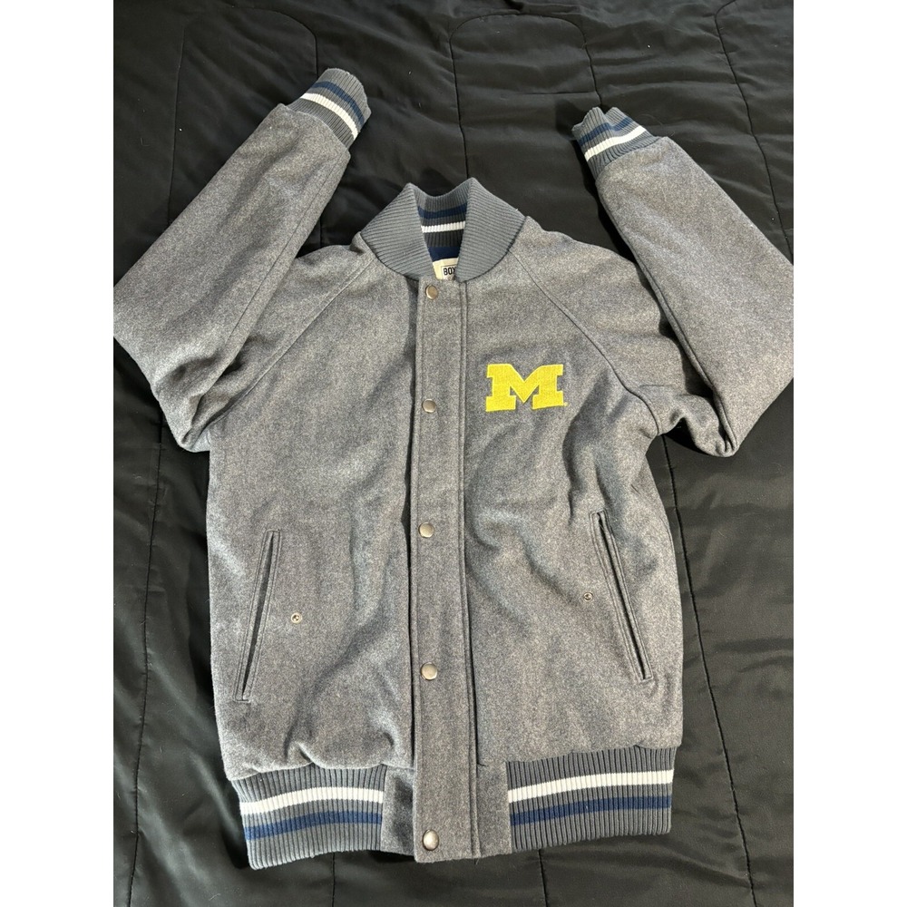 Michigan Bomber Jacket Box Seat Size S Mens Blue Gray Leather NCAA Wolverines